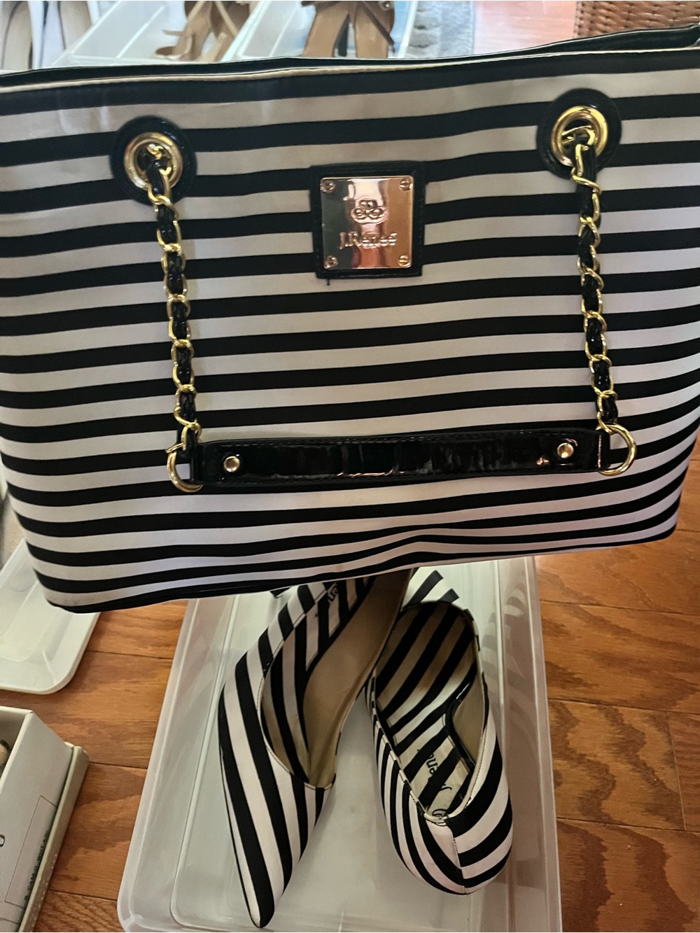 J.Renee Black and White Striped Tote with Gold Chain Handles